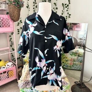 Vintage Hawaiian Button Up Shirt Black Floral Orchid Print Made in USA Size M